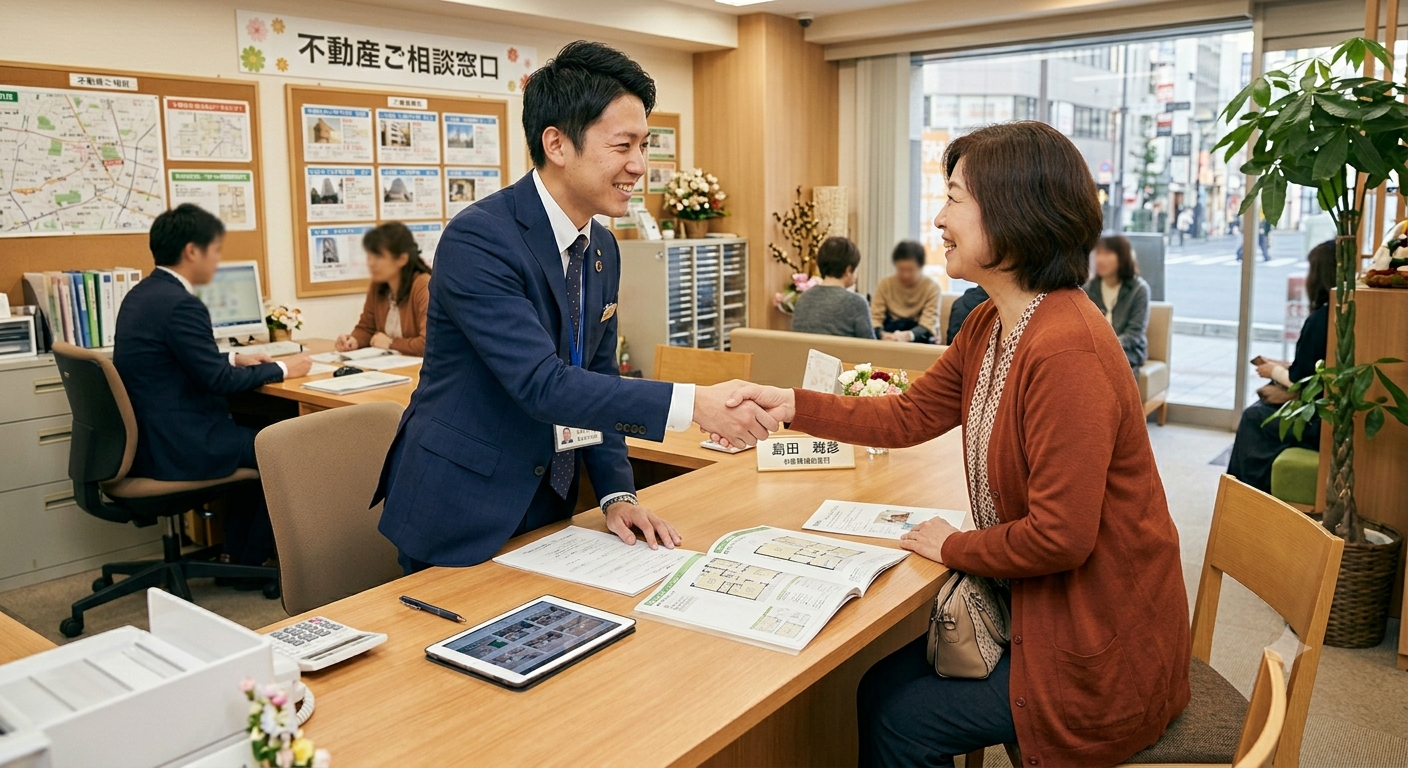 不動産　お客様　接客　握手　契約成立