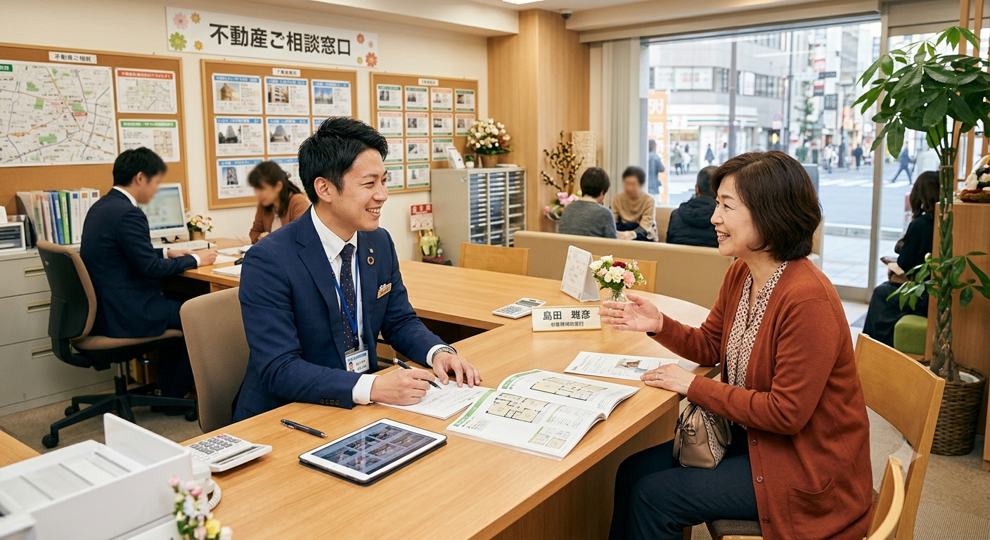 街の不動産でお客様がご来店され相談しているシーン